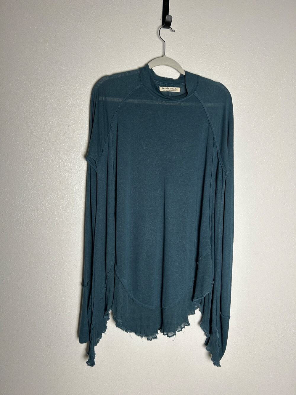 We The Free Green Waffle Knit Tunic Mock Neck Long Sleeve Handkerchief Hem Sz L